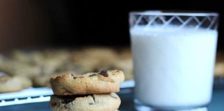 Soy Milk Chocolate Chip Cookies with a cup of soy milk.