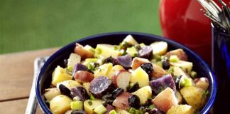 Red White and Blue Potato Salad in a bowl on a picnic table