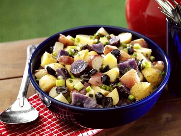 Red-White-and-Blue-Potato-Salad-2 Red White and Blue Potato Salad in a bowl on a picnic table