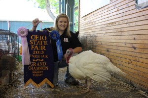 (Katie Fisher photo) Kaci Carter, from Cadiz, Ohio, is the first Harrison County youth to raise and show a grand champion at the Ohio State Fair. And as a show of support for the junior at Harrison Central High School, local businesses and even the county commissioners pooled their dollars to pay a record $13,000 for her grand champion turkey at Sunday’s Sale of Champions.