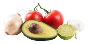onion, tomatoes, garlic, lime and avocado