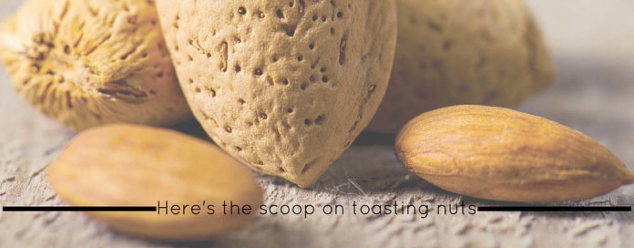 nuts upclose nuts up close with text 'here's the scoop on toasting nuts'