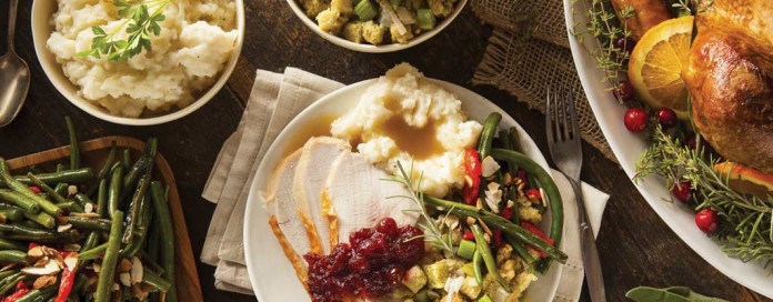 thanksgiving dinner turkey, mashed potatoes, green beans and stuffing