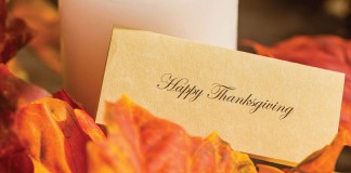 Happy Thanksgiving card and fall leaves