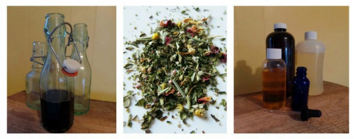 home remedies collage elderberry cough syrup, tea leaves, oils