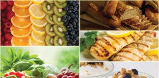 fruits, vegetables, protein, grains and dairy collage