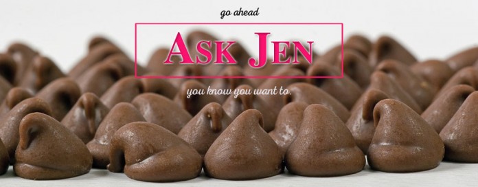 Chocolate chips with Ask Jen text Chocolate chips with Ask Jen text