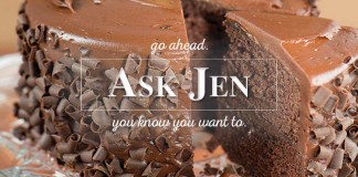 chocolate cake with Ask Jen text