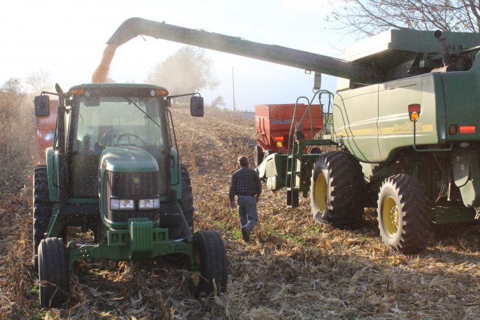 Crop year in review 2017 Man walking between combine and grain wagon