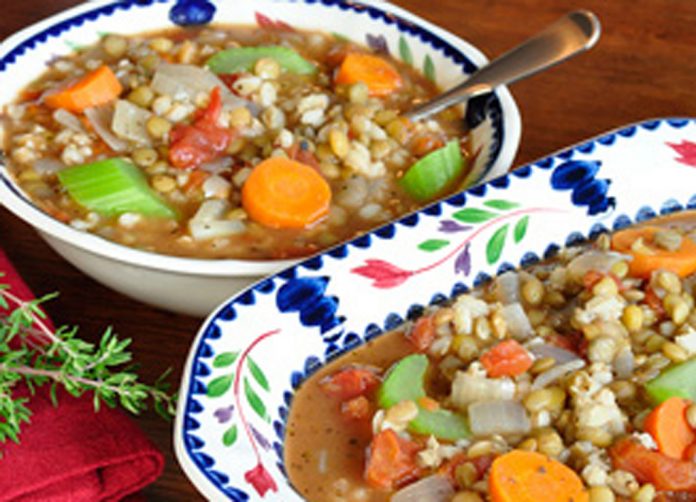 Barley Lentil Soup in a bowl and turrine Barley Lentil Soup in a bowl and turrine