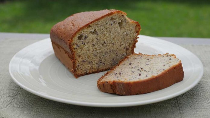 Banana Bread A sliced loaf of Banana Bread on a plate.