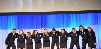 The 2018-2019 Ohio FFA officers wrapped up their terms during the 91st Ohio FFA State Convention. The officers included (L-R) Kolesen McCoy, president; Grace Lach, vice president at large; Emma Dearth, vice president at large; Mallory Caudill, sentinel; Kalyn Strahley, treasurer; Bailey Eberhart, reporter; Holly McClay, vice president; Tyler Zimpfer, vice president at large; Grant Lach, vice president at large and Gretchen Lee, secretary. (Mickayla Overholt photo.)