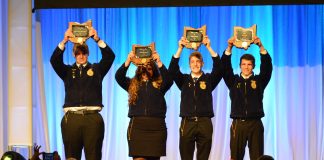 The FFA’ers who earned state Star awards, or Stars Over Ohio, celebrated following their introduction during the state convention May 2-3. Pictured (L-R) Cody Clark, Zane Trace FFA; Madison Whitt, Ridgewood FFA; Jacob Wuebker, Versailles FFA; and Montgomery Boes, Upper Sandusky FFA. (Mickayla Overholt photo.)