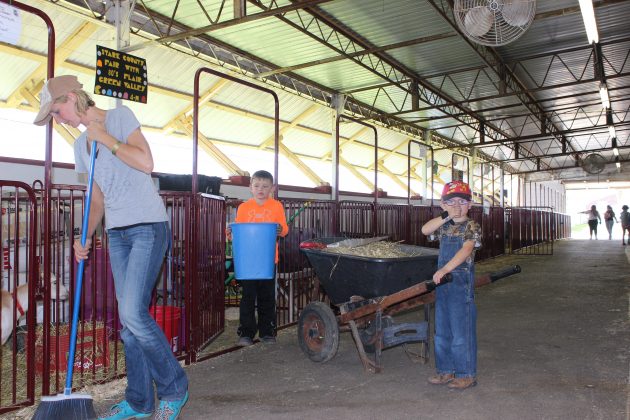 Sabrina Rittenhouse and her sons, Wyatt and Wayon, clean up the aisle in the goat barn.