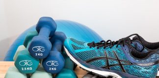 dumbbells and tennis shoes