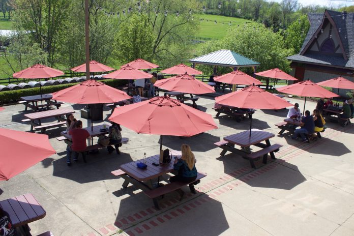 agritourism_reopens_5 People sit at picnic tables under umbrellas.