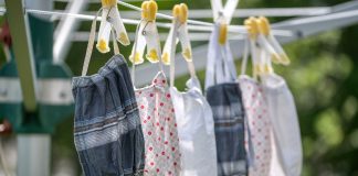 masks on a clothes line