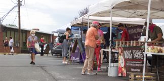 Customers walk around stands at a farmers market.