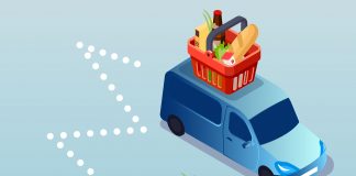 Hands hold a phone and place orders for food, a van drives with a basket of food on top, a variety of food sits on top of a cell phone.