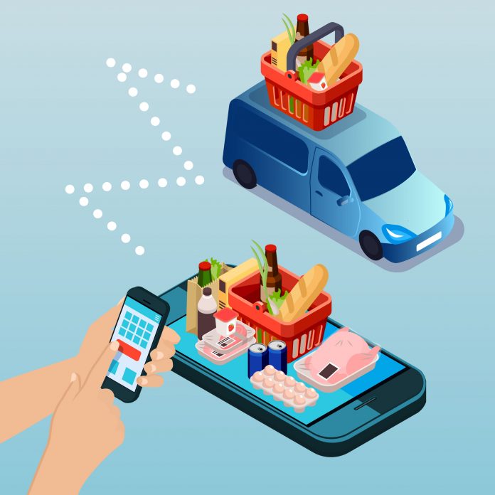 Onlinefoodpic Hands hold a phone and place orders for food, a van drives with a basket of food on top, a variety of food sits on top of a cell phone.