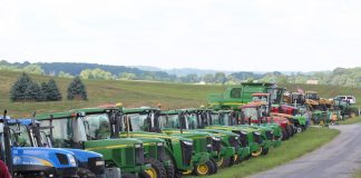 tractors in a line