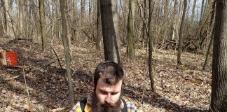 A man kneels next to part of a tree on the ground and measures it with a tape measure.