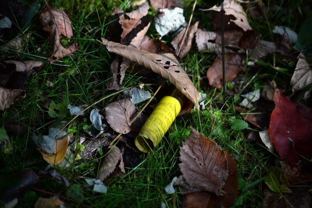 An empty shell casing on the ground among leaves.