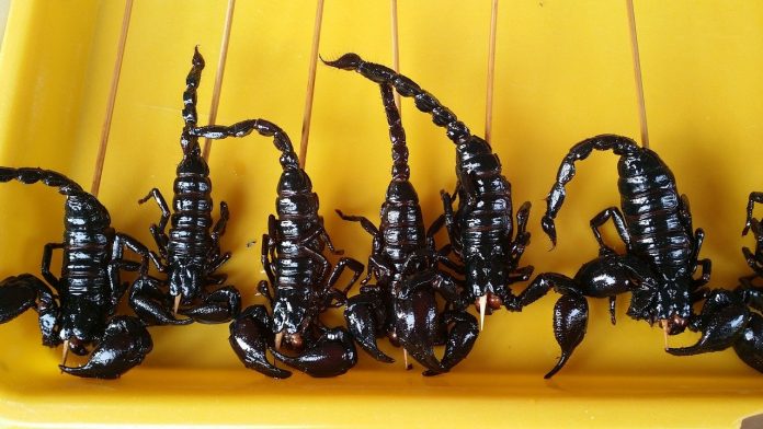 scorpions on sticks at a Chinese market
