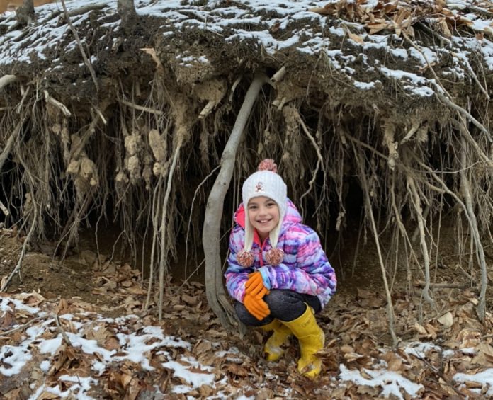 Vayda squatting in front of tree roots, holding soil together along a creek bed Vayda squatting in front of tree roots, holding soil together along a creek bed