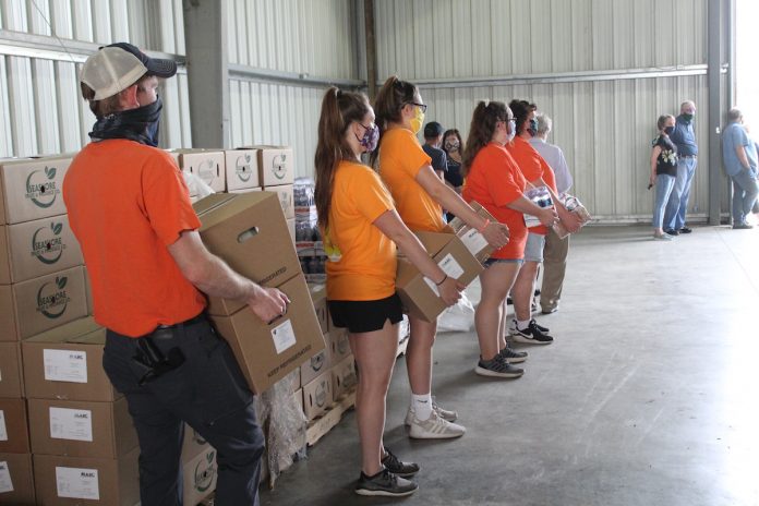 food box volunteers hold boxes of food
