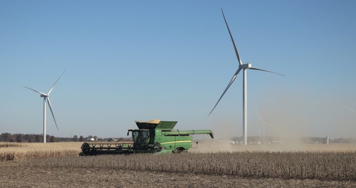 Wind farm Scioto Ridge, Ohio, USA wind turbine and combine