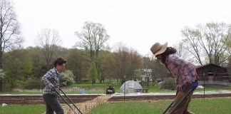 Two farmers use broadforks to get their soil ready for planting.