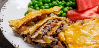 Slow Cooker Venison Enchiladas with a side of peas and watermelon
