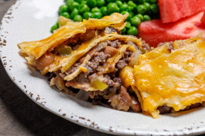 Slow Cooker Venison Enchiladas with a side of peas and watermelon