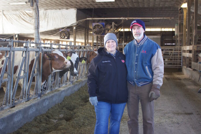 canon_dairy_1 Two farmers stand in front of cows in a dairy barn.