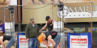 a man shears a sheep on a stage