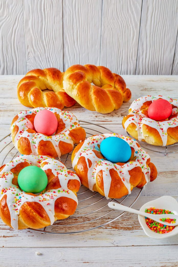 Italian braided Easter Bread Rings, top view