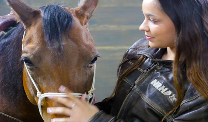 header_ Intimate Look a young woman looks at her horse as she bridles him