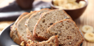 Sliced banana bread with nuts on plate