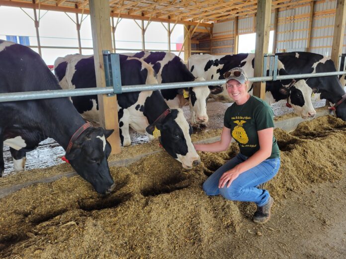 emily mullen Emily Mullen, wearing a green shirt and blue jeans, kneels next to her dairy cows in a free stall barn for a photo.