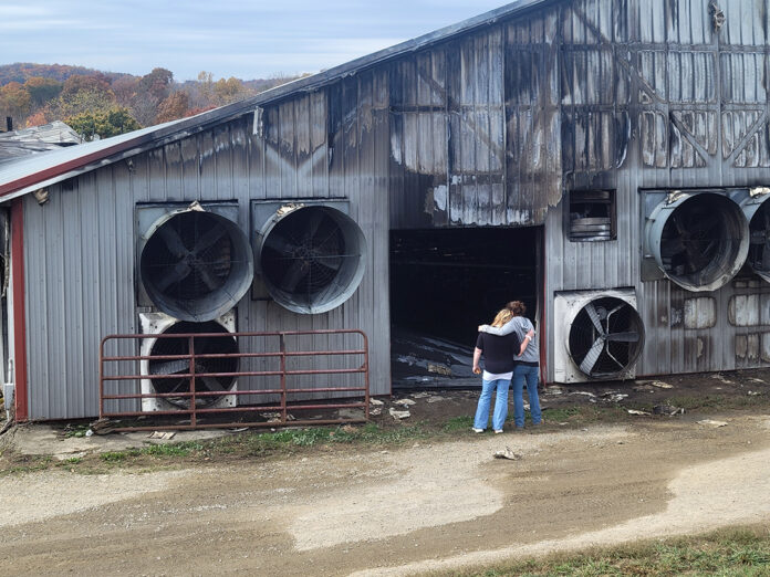 bruntons Two women with their backs to the camera wrap their arms around each other as they look at a damaged and burned dairy barn.