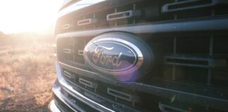 a close up of the grille of a ford truck