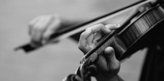 grayscale photo of person playing violin