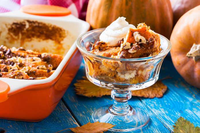 Pumpkin bread pudding  topped with whipped cream