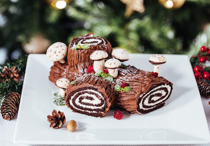 French dessert called Yule log or bûche de Noël with merengue