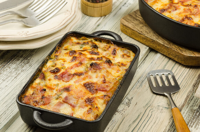 Potato gratin with parmesan cheese, cream and cured bacon from S
