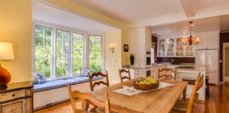 rectangular brown wooden table with chairs set